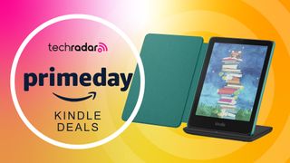 Amazon Kindle Colorsoft bundle with case and charging stand, on a pink and orange gradient TechRadar Prime Day Kindle Deals banner