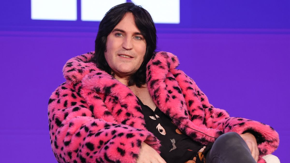 Noel Fielding attends the Apple TV+ presentation of &quot;The Completely Made-Up Adventures of Dick Turpin&quot; during the 2024 TCA Winter Press Tour wearing a pink fluffy leopard print coat