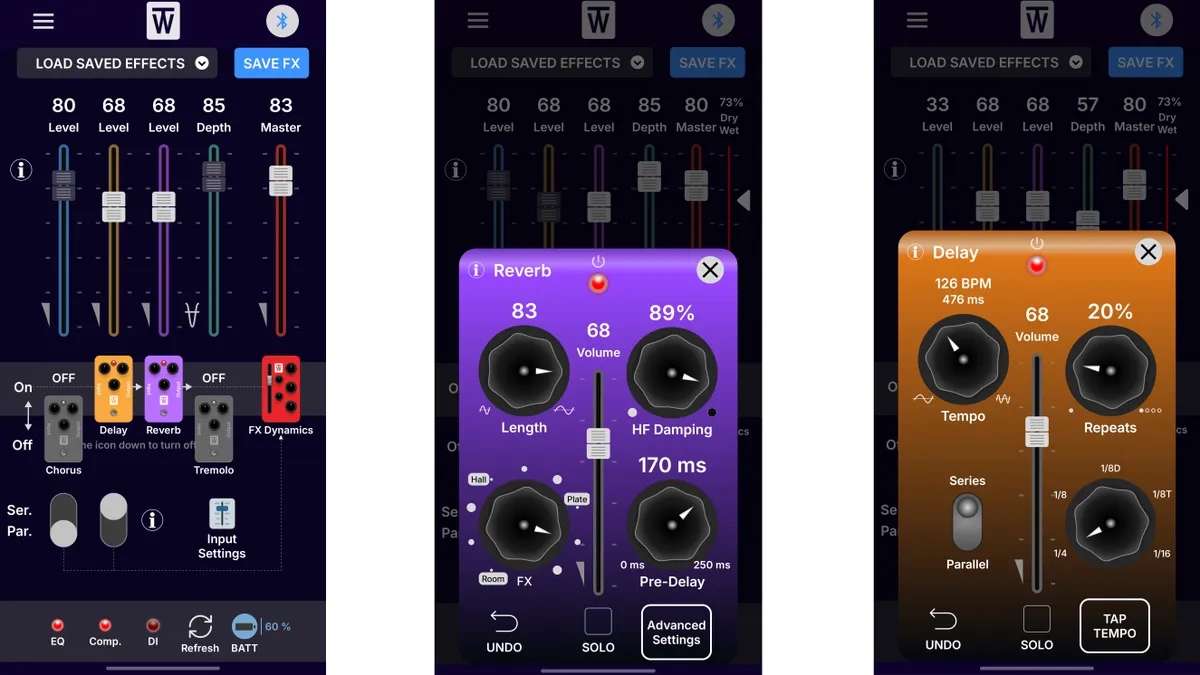 Screengrabs showing various screens from the ToneWoodAmp smartphone app