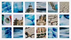Photo composite of drinking water jugs, lake water, the Mexican flag, the Zocalo in Mexico City and a dried out lake bed