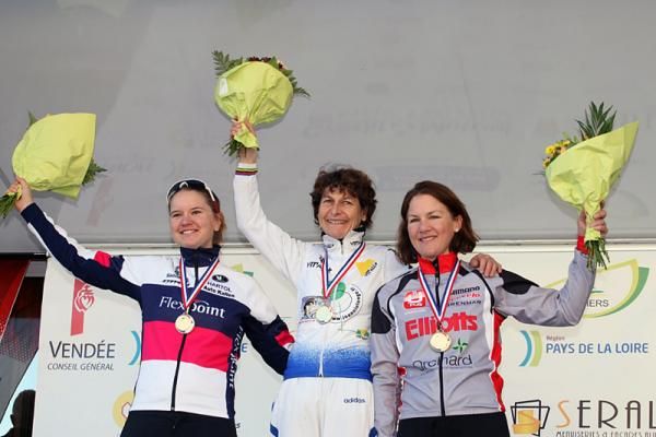 The elite women's podium (l-r): Trine Schmidt, 2nd; Jeannie Longo-Ciprelli, 1st; Julia Shaw, 3rd.