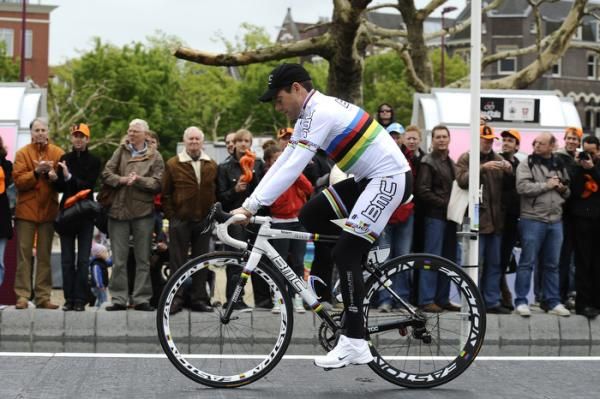 World champion Cadel Evans (BMC Racing Team) awaits the start of stage two.