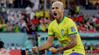 Richarlison of Brazil celebrates 4-0 during the World Cup match between Brazil v Korea Republic at the Stadium 974 on December 5, 2022 in Doha, Qatar