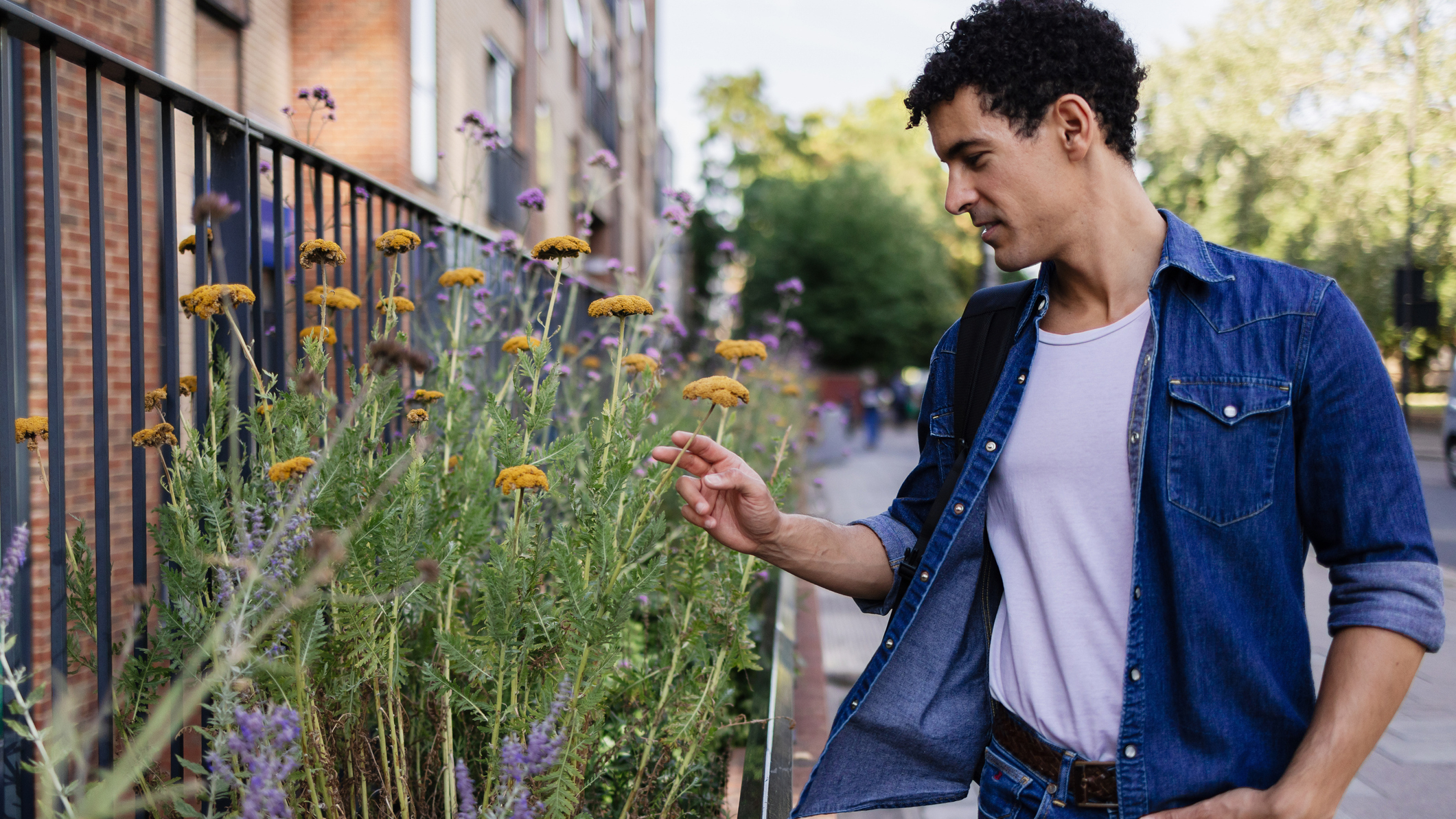 Man looking at flowers on city street