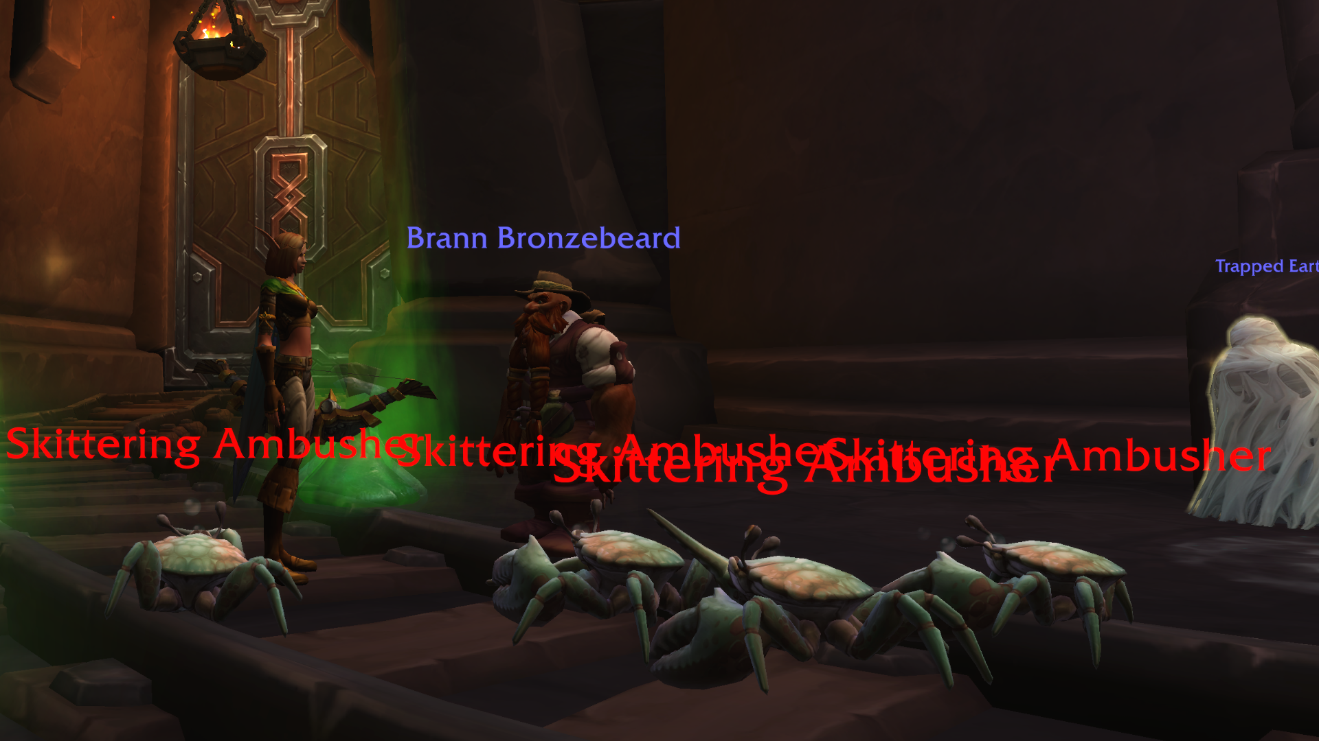 An image of the arachnophobia filter in use in World of Warcraft: The War Within, turning a bunch of spiders into crabs.