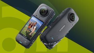 Insta360 X4 camera covered in water, on a green background with radar graphic