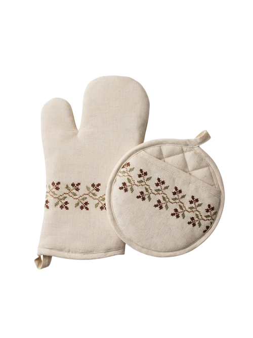 Oven Mitt Set Sour Cream with Stitched Icon 