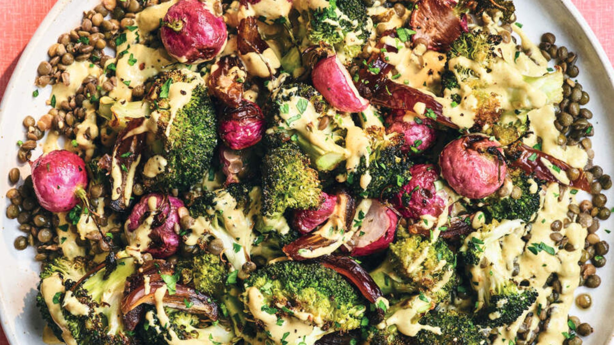 Broccoli and lentil salad with curried tahini and dates