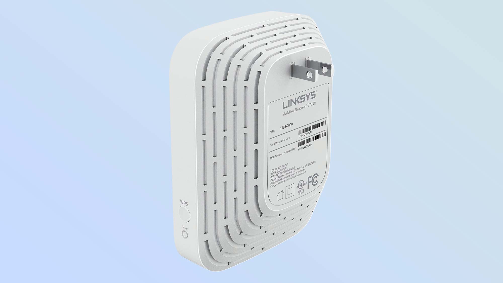 A Linksys RE7350 wi-fi extender isolated on a blue background.