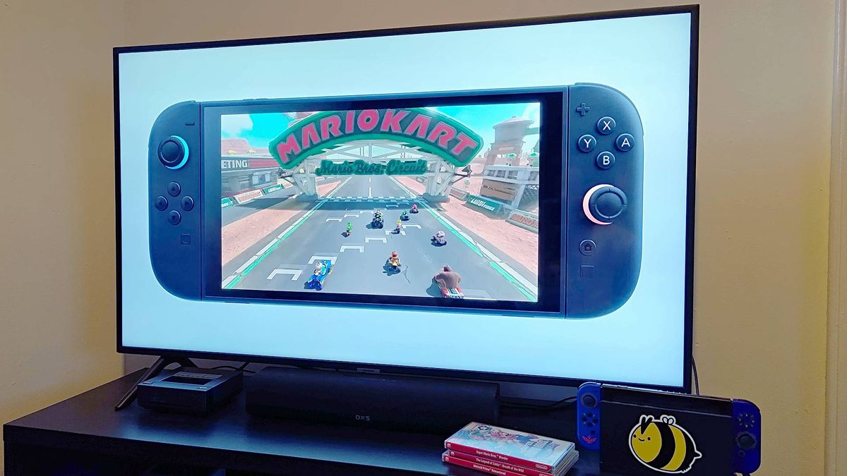 Samsung TV with Nintendo Switch 2 teaser trailer on screen featuring Mario Kart gameplay