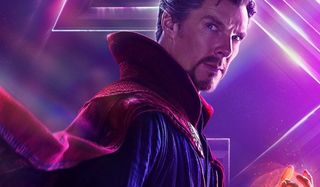 Avengers: Endgame Doctor Strange looks cryptic in front of the colorful logo