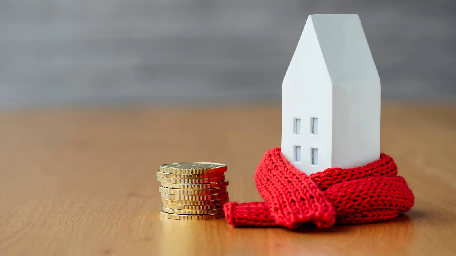 House model wrapped in mini scarf next to pile of coins