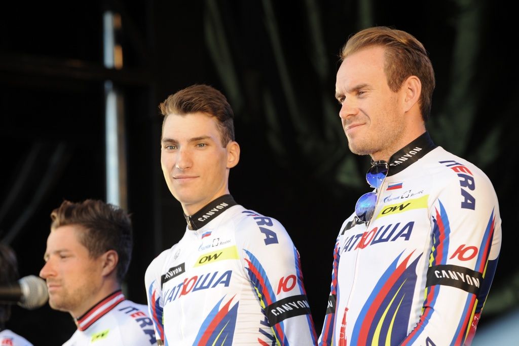 Sven Erik Bystr&oslash;m and Alexander Kristoff on the stage with Katusha