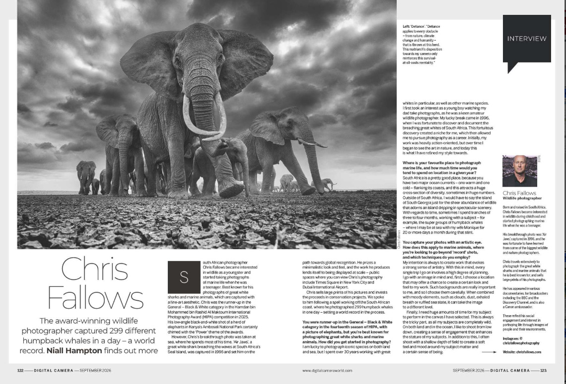 Image showing the first two pages of the main interview in issue 311 (September 2026) of Digital Camera magazine, chatting to fine-art wildlife photographer and conservationist Chris Fallows