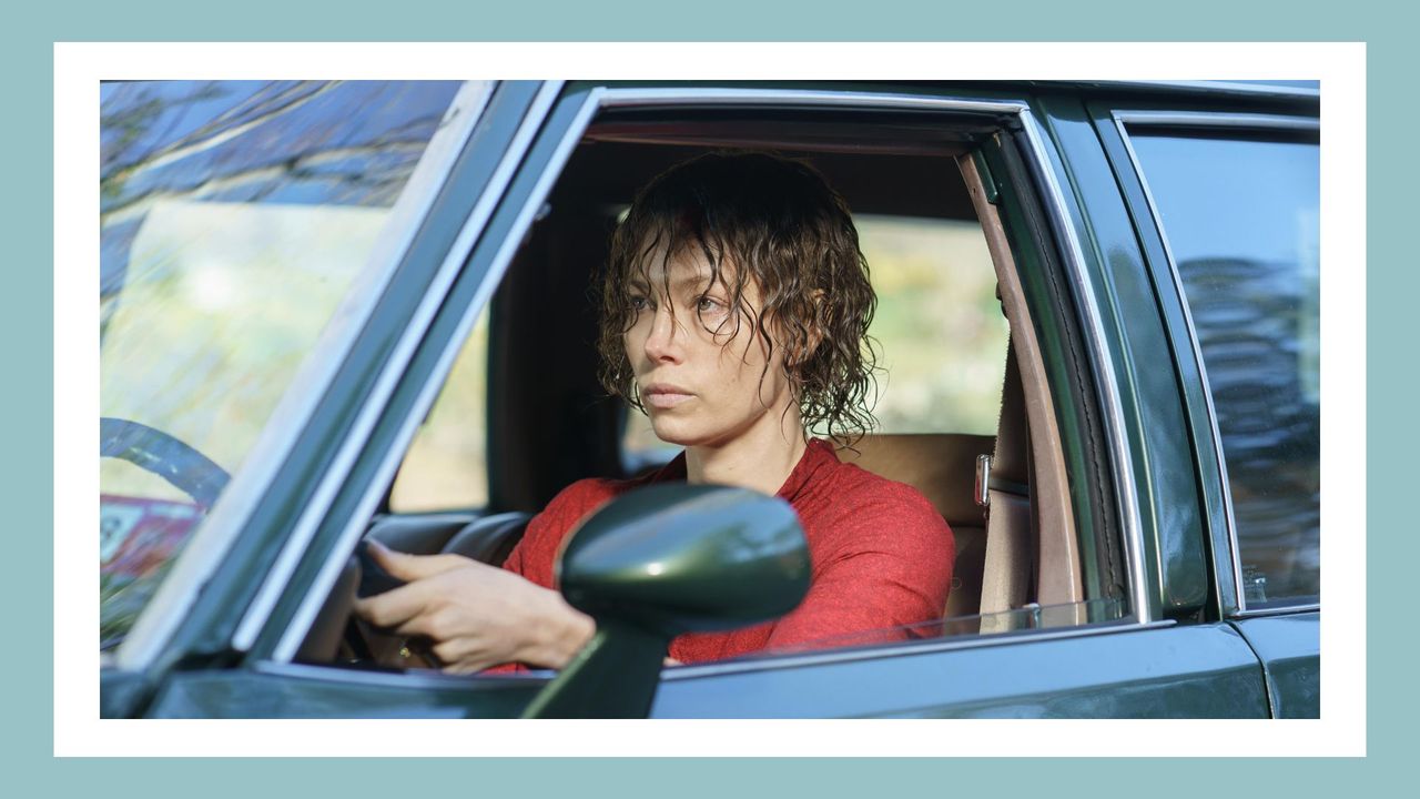 Jessica Biel driving a car as candy montgomery in hulu&#039;s &quot;candy&quot;