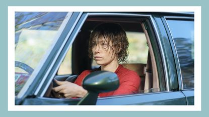 Jessica Biel driving a car as candy montgomery in hulu's "candy"