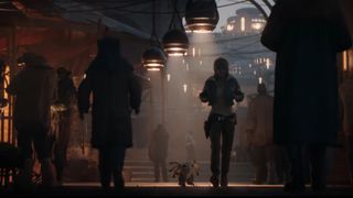 Kay Vess et Nix marchant dans une ruelle sombre avec quelques passants dans Star Wars Outlaws