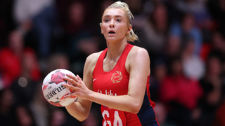 Helen Housby of Vitality Roses in action during Netball Horizon Series match between England Vitality Roses and New Zealand Silver Ferns at AO Arena on November 19, 2025 in Manchester, England.