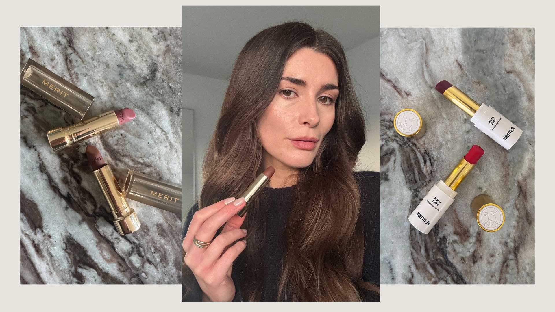 A collage featuring photos of sheer matte tinted lip balms and a selfie of beauty editor Eleanor Vousden testing the Merit Lip Blush