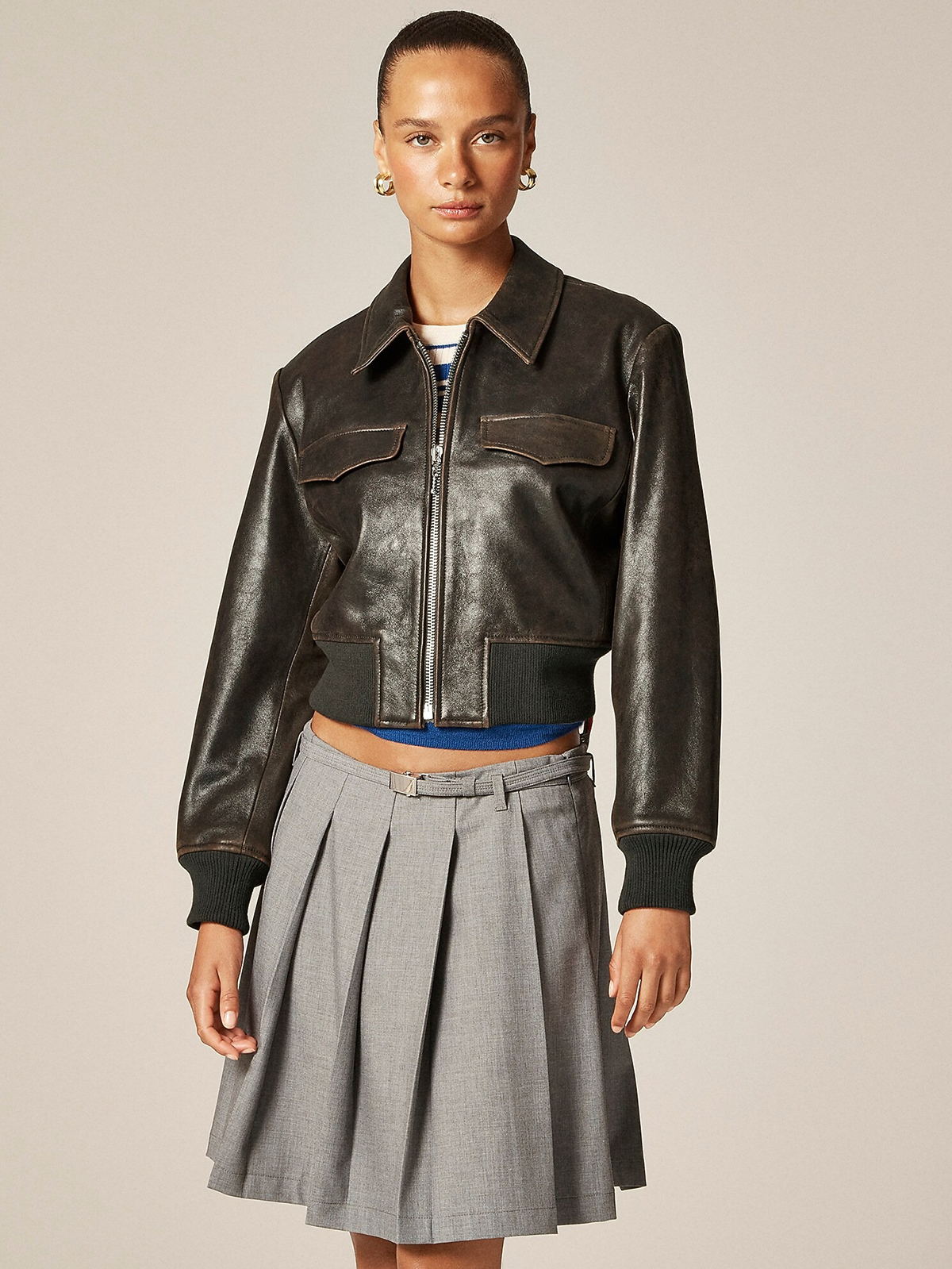 Collection Cropped Flight Jacket in Distressed Leather