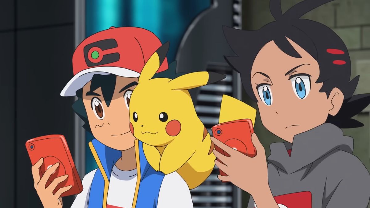 Pokemon Journeys screenshot of Ash and Pikachu with a Pokedex