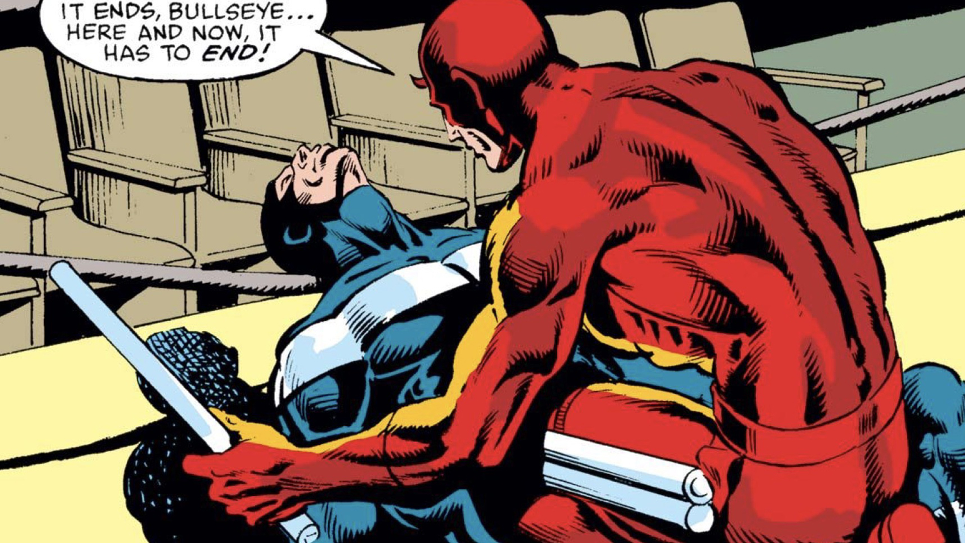 Daredevil looming over an unconscious Bullseye