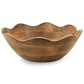 Mela Artisans Wooden Scalloped Bowl - Large | Ruffle Decorative Style | Rustic Kitchen Decor | Mango Wood | Natural Grain Finish | Fits Bread, Fruits, Salad or Popcorn | 12” X 4” X 11”