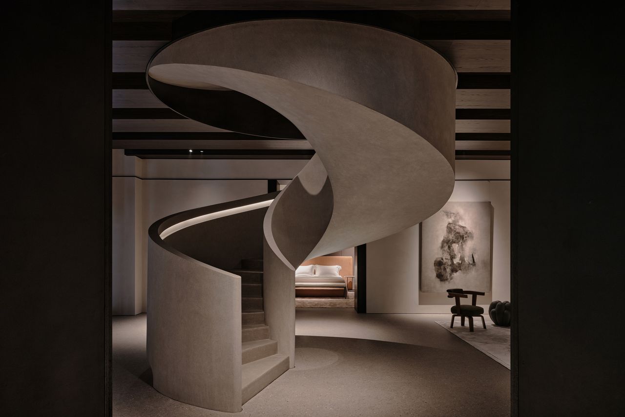 Molteni &amp; C shanghai showroom interiors with brutalist inspired concrete staircase