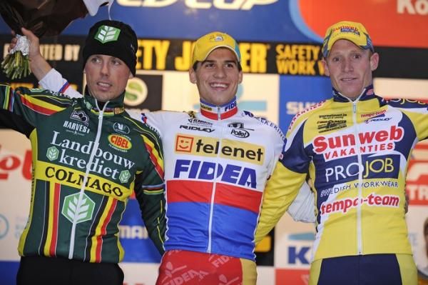 The Koksijde podium: Sven Nys (Landbouwkrediet-Colnago), Zdenek Stybar (Telenet Fidea) and Klaas Vantornout (Sunweb Projob)