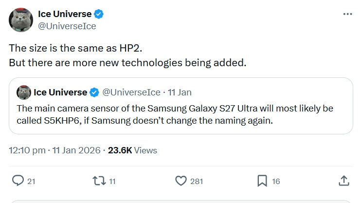 Screenshot of a tweet about the Samsung Galaxy S27 Ultra