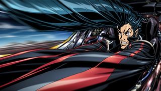 Best anime; a black-haired character wrapped in a red and black cloak from the anime movie Redline