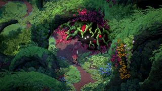 Two bright eyes shine through the shadows deep within a wooded area