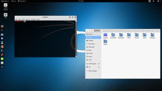 A screenshot of a Kali Linux desktop showing an open folder window and a console