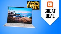 A Lenovo Slim Aura Edition laptop in front of a MacBook Air on a blue background with text next to them saying "Great Deal"