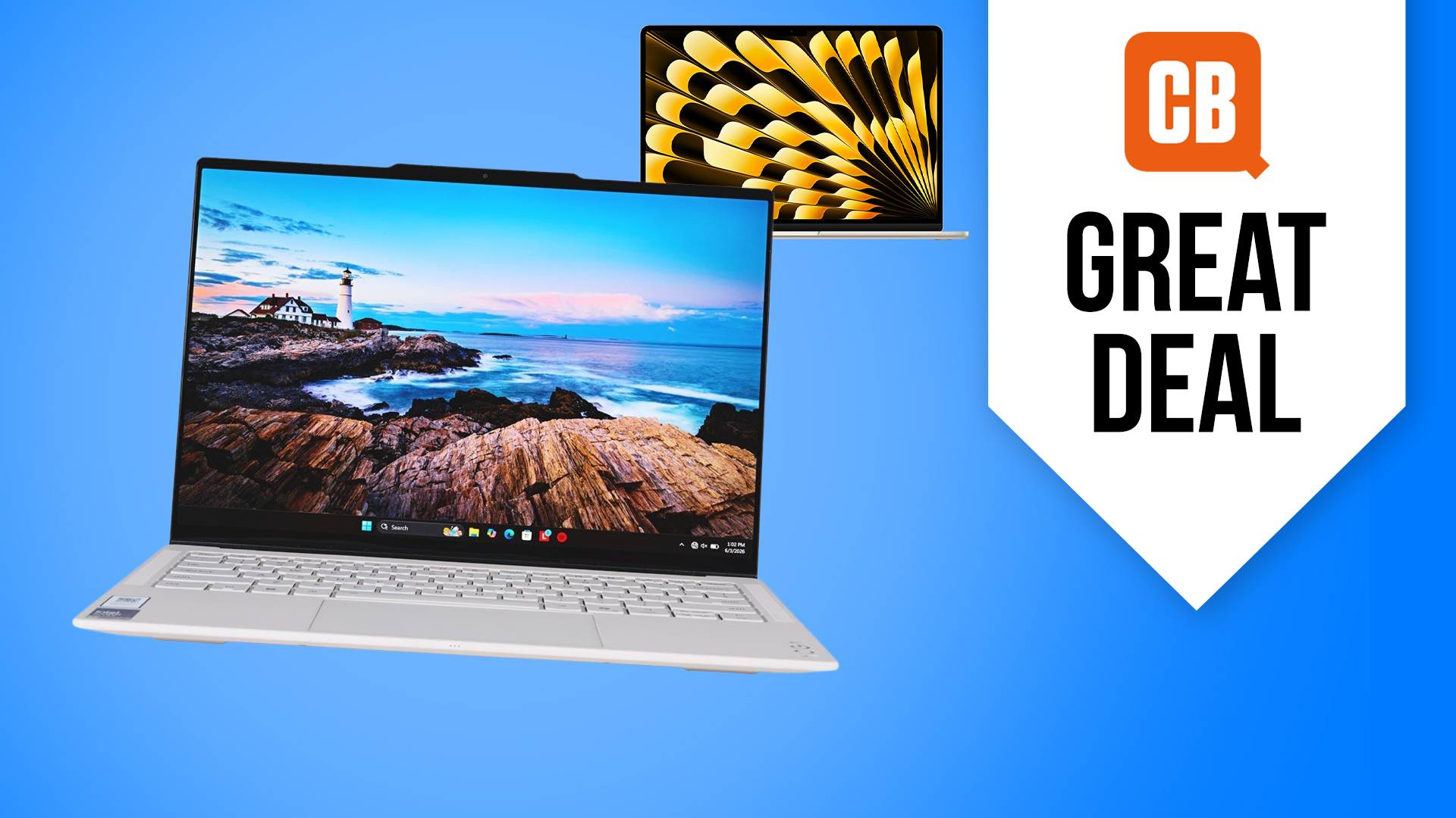 A Lenovo Slim Aura Edition laptop in front of a MacBook Air on a blue background with text next to them saying "Great Deal"