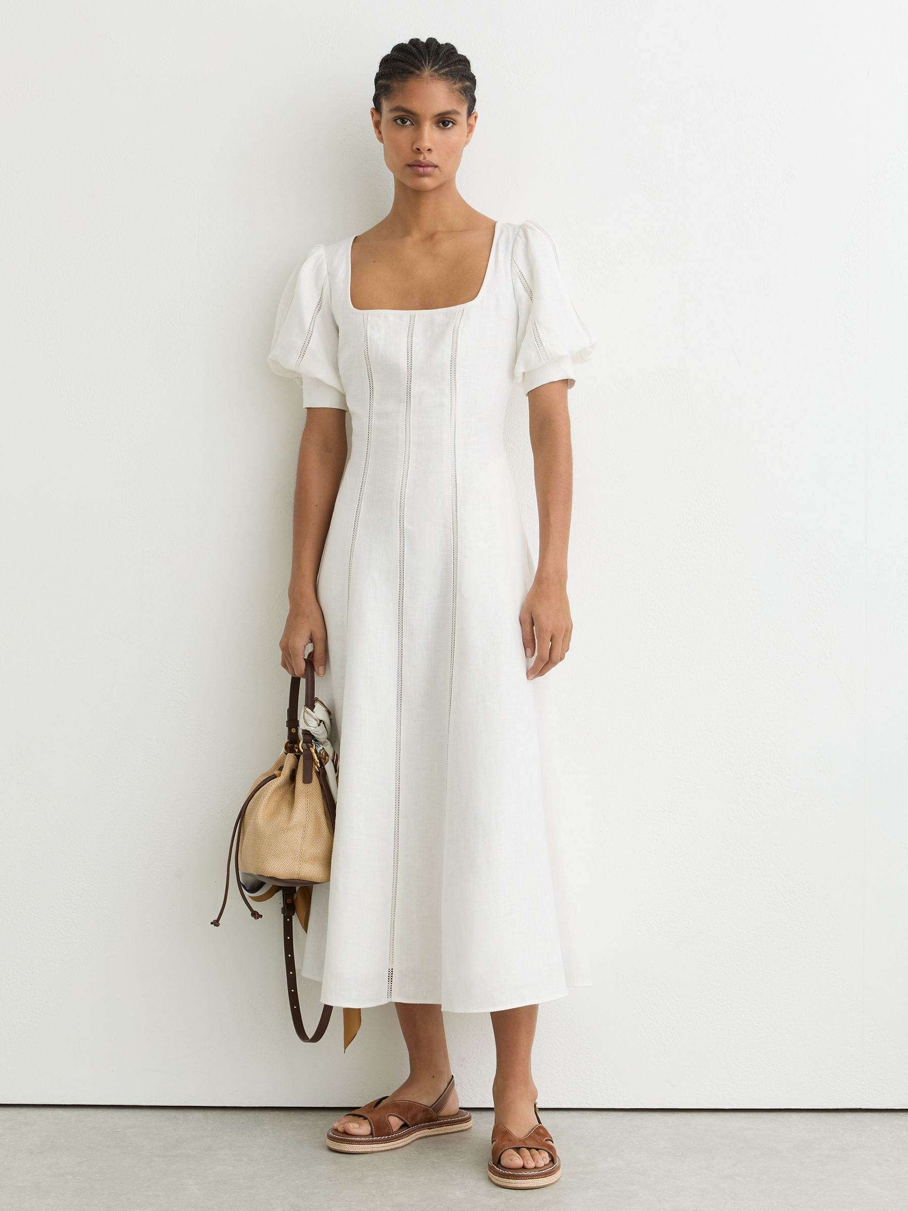 Reiss, Petite Linen Puff-Sleeve Embroidered Midi Dress