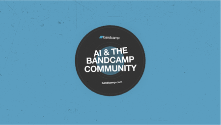 Bandcamp's logo on a black circle to suggest vinyl, along with the words 'AI & the Bandcamp community) on blue background