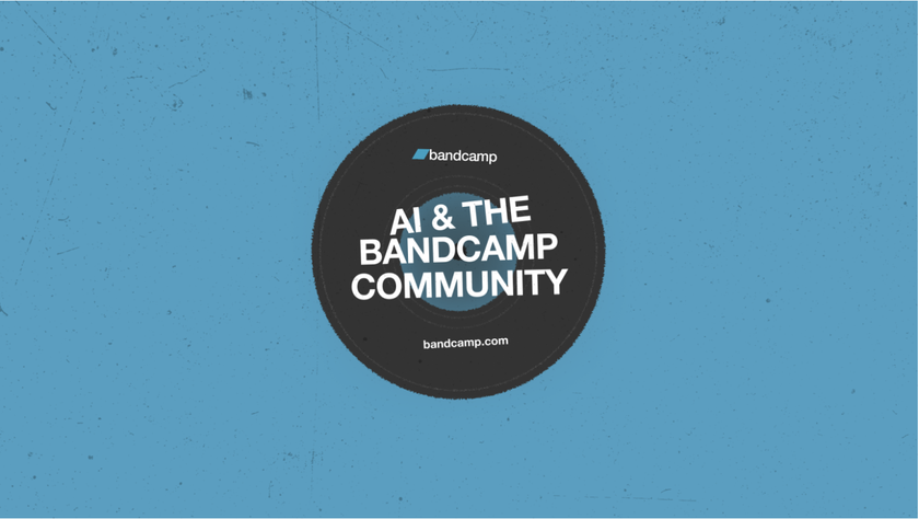 Bandcamp's logo on a black circle to suggest vinyl, along with the words 'AI &amp; the Bandcamp community) on blue background