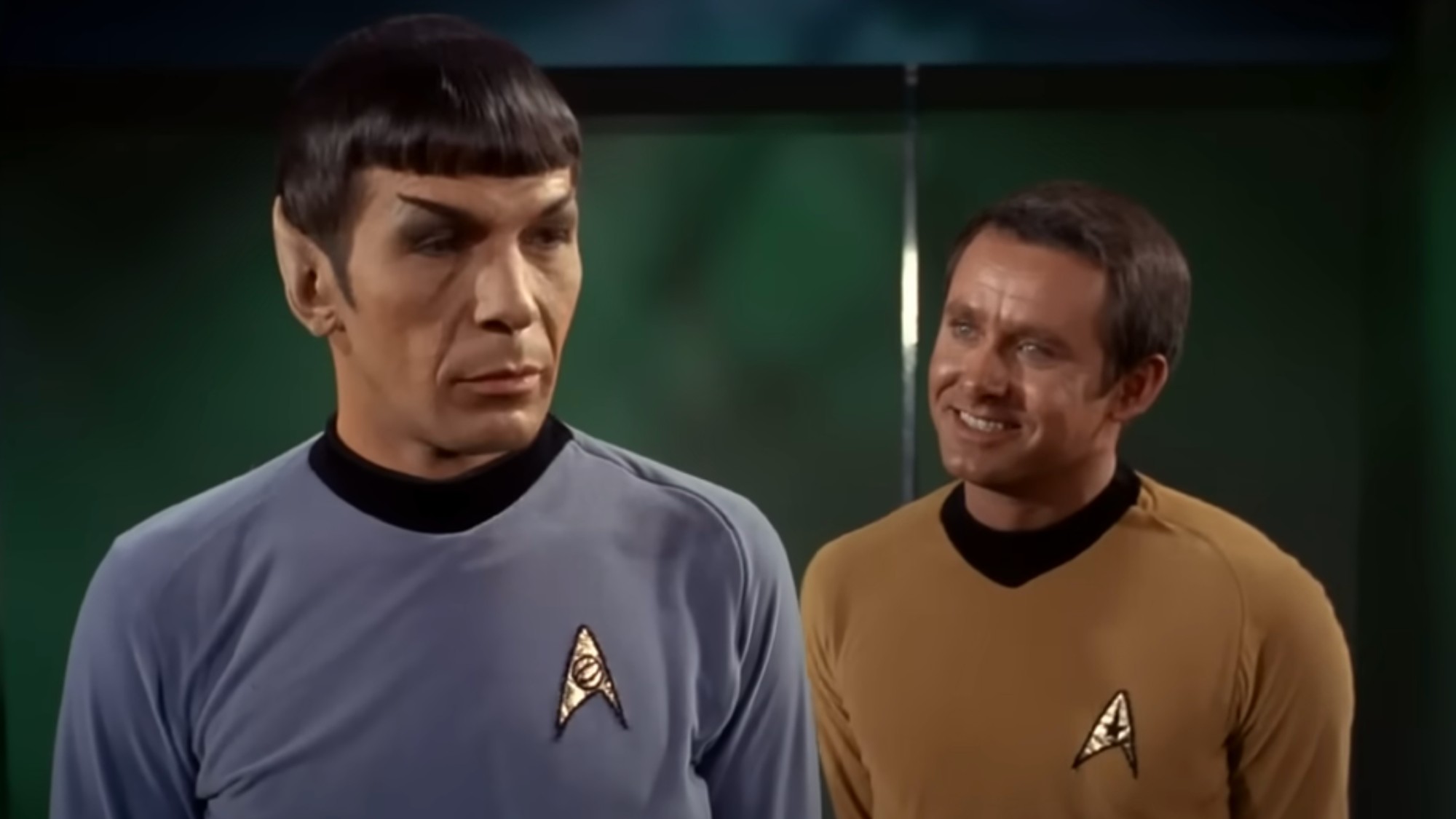 Spock and a colleague on the ship. 