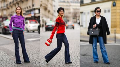 Three women wearing bootcut jeans illustrating how to style bootcut jeans 2023