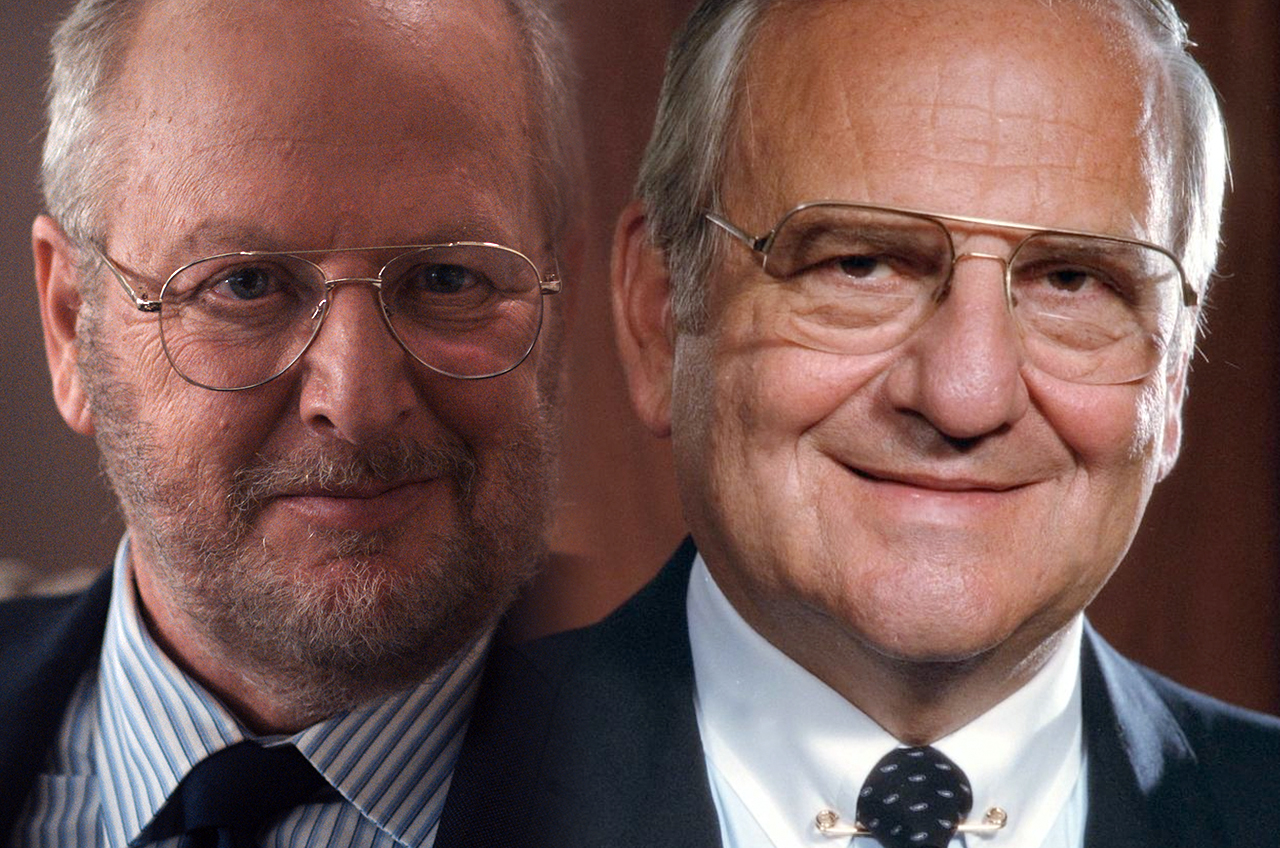 side-by-side headshots of two older men in suits.