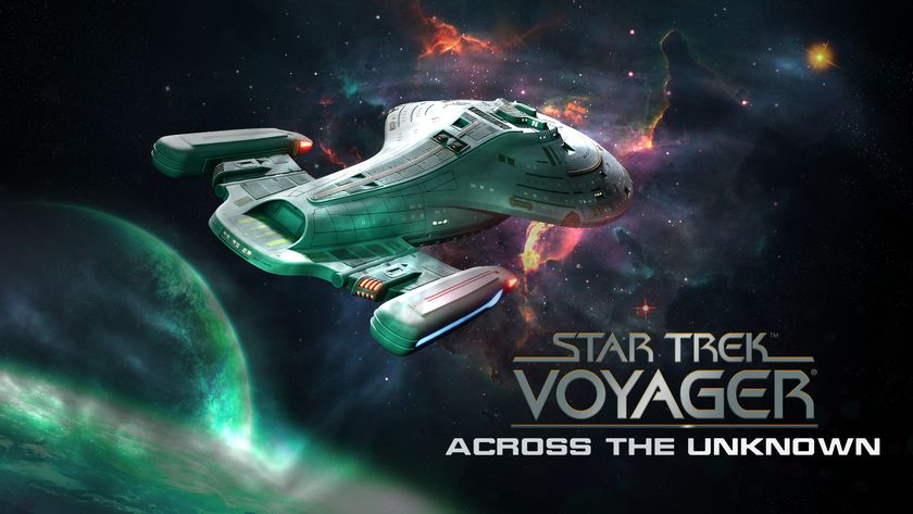 Press image for Star Trek: Voyager - Across the Unknown, showing the USS Voyager flying through space with a planet and nebula in the background.