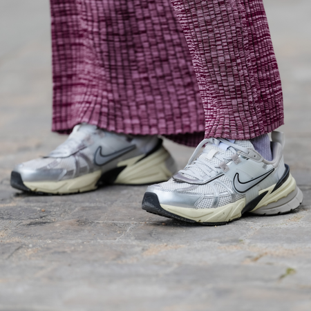 Emy Venturini wears Nike sneakers shoes , during a street style fashion photo session, on May 16, 2024 in Paris, France. 