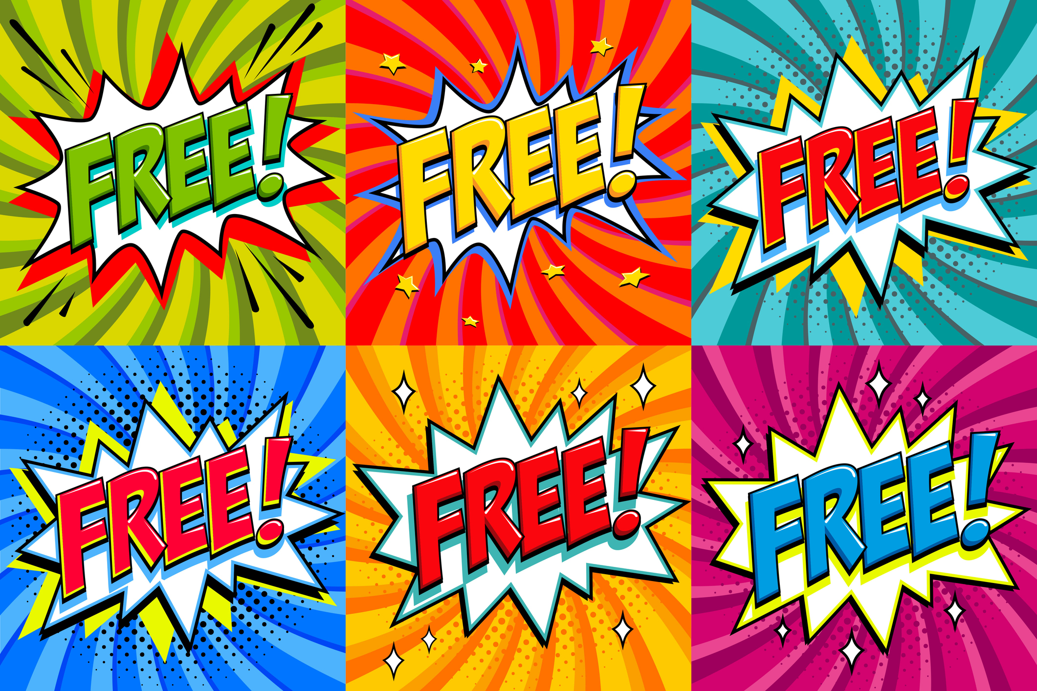 The word "free" written in bright colors to look like pop art comic book style.