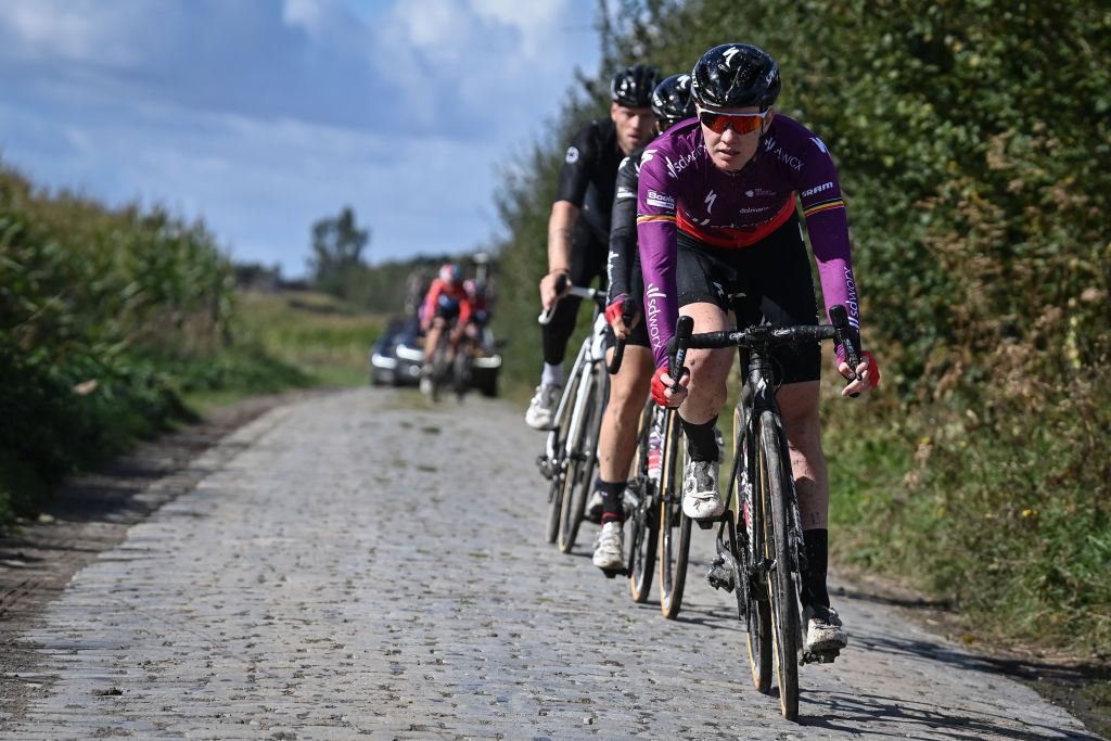 Belgian Jolien DHoore of Team SD Worx pictured during preparations ahead of the 118th edition of the ParisRoubaix one day cycling race from Compiegne near Paris to Roubaix Wednesday 29 September 2021 Due to the ongoing corona virus pandemic the 2020 edition was cancelled and the 2021 edition was postponed from spring to autumn For the first time there will be a womens race ParisRoubaix as well BELGA PHOTO DAVID STOCKMAN Photo by DAVID STOCKMANBELGA MAGAFP via Getty Images