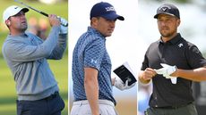 Scottie Scheffler hits a golf shot, whilst Jordan Spieth and Xander Schauffele walk down the fairway