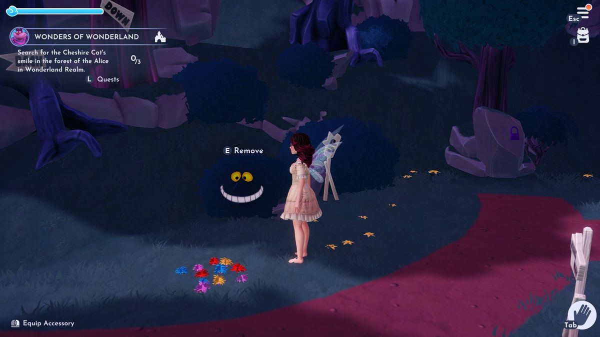 Disney Dreamlight Valley cheshire cat faces around the Wonderland realm