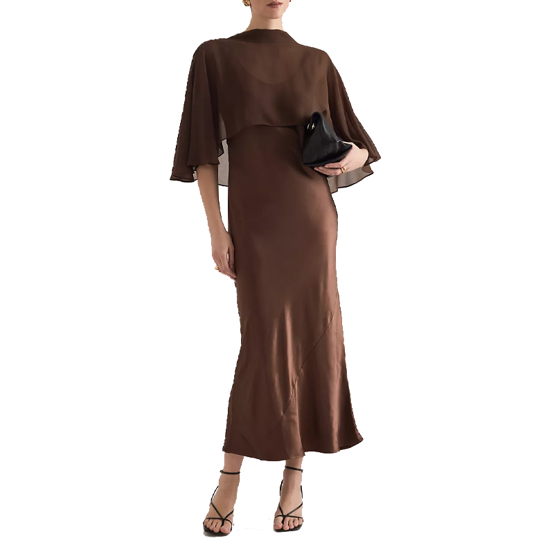 model wearing a brown Anthropologie cape dress