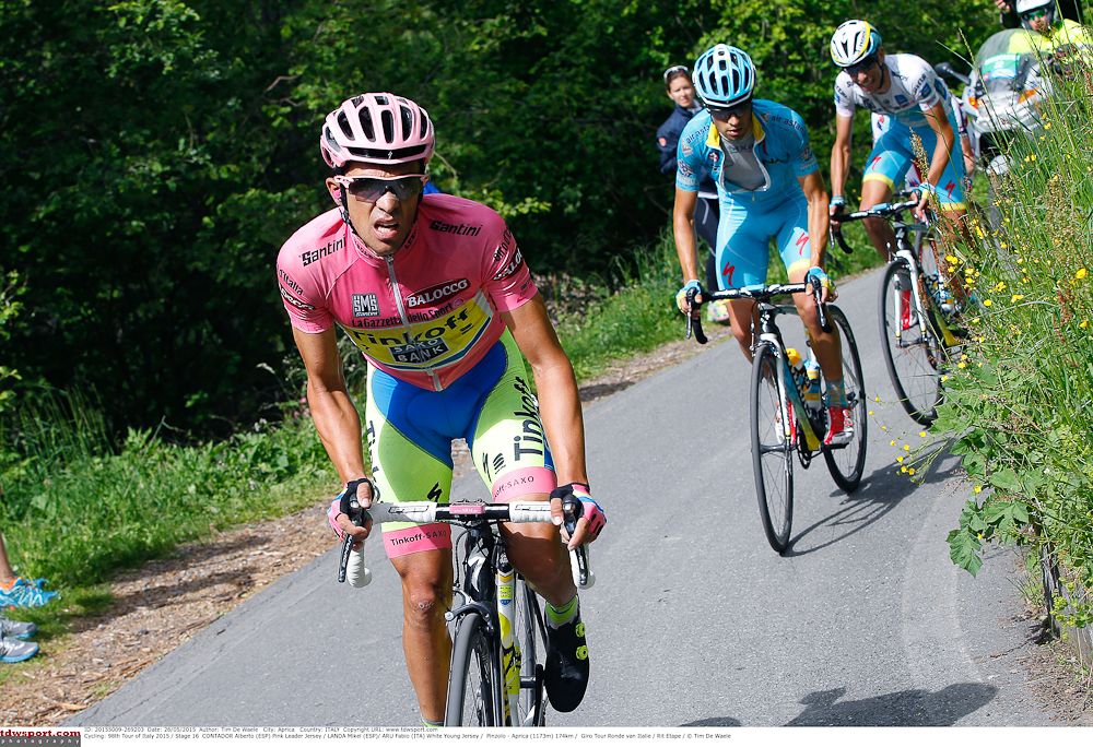 Contador attacks Astana and Aru.