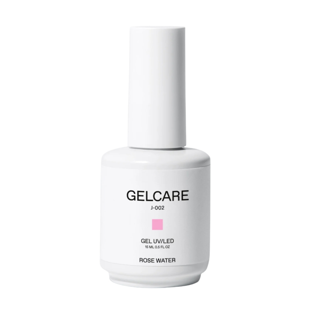 A product shot of the Gelcare Rose Water gel polish (a sheer rosy gel nail colour), pictured on a white background